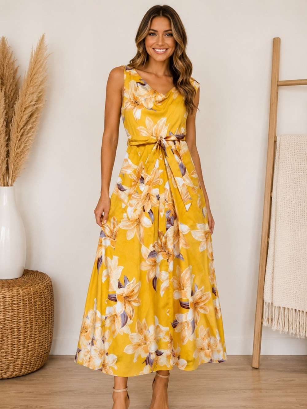 Kate & Lily Yellow Floral Lily Print Maxi Dress Cowl Neck Size 4